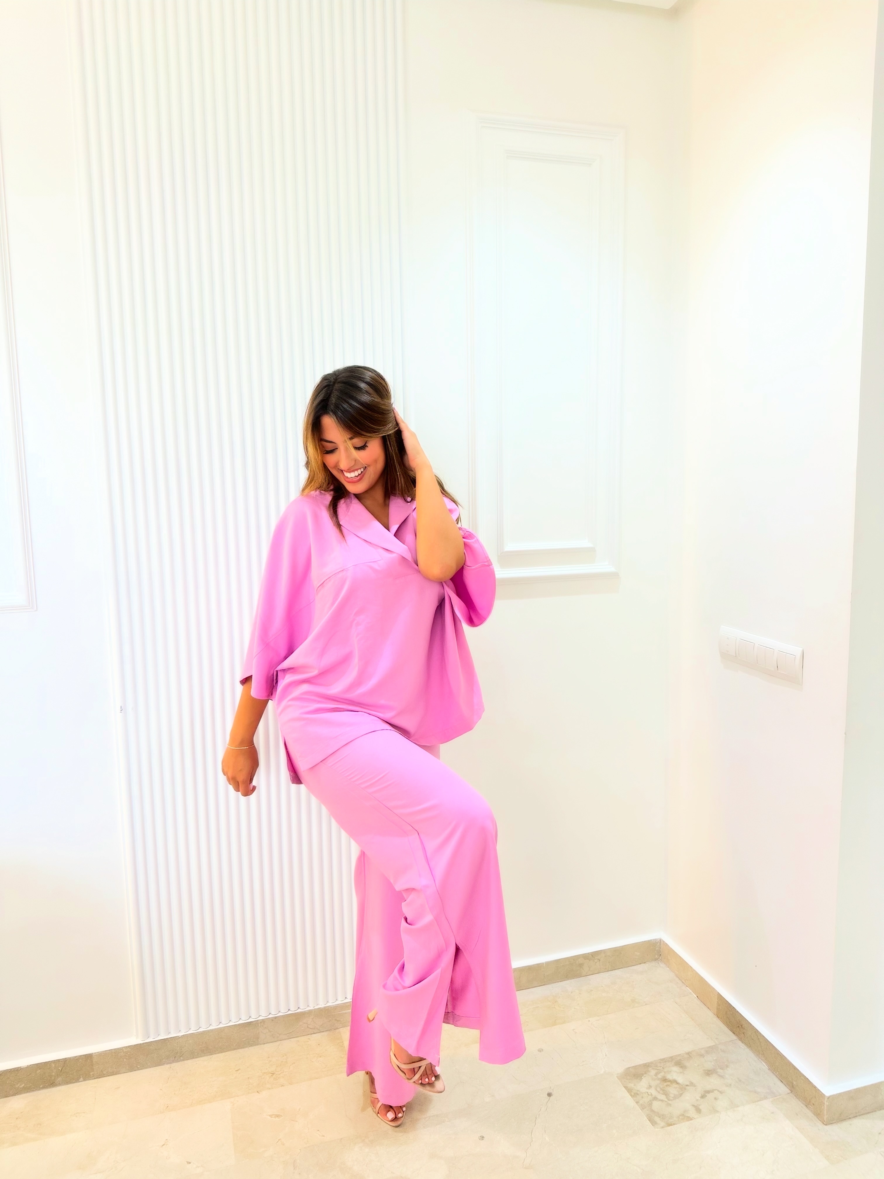Ensemble col V manches larges Rose